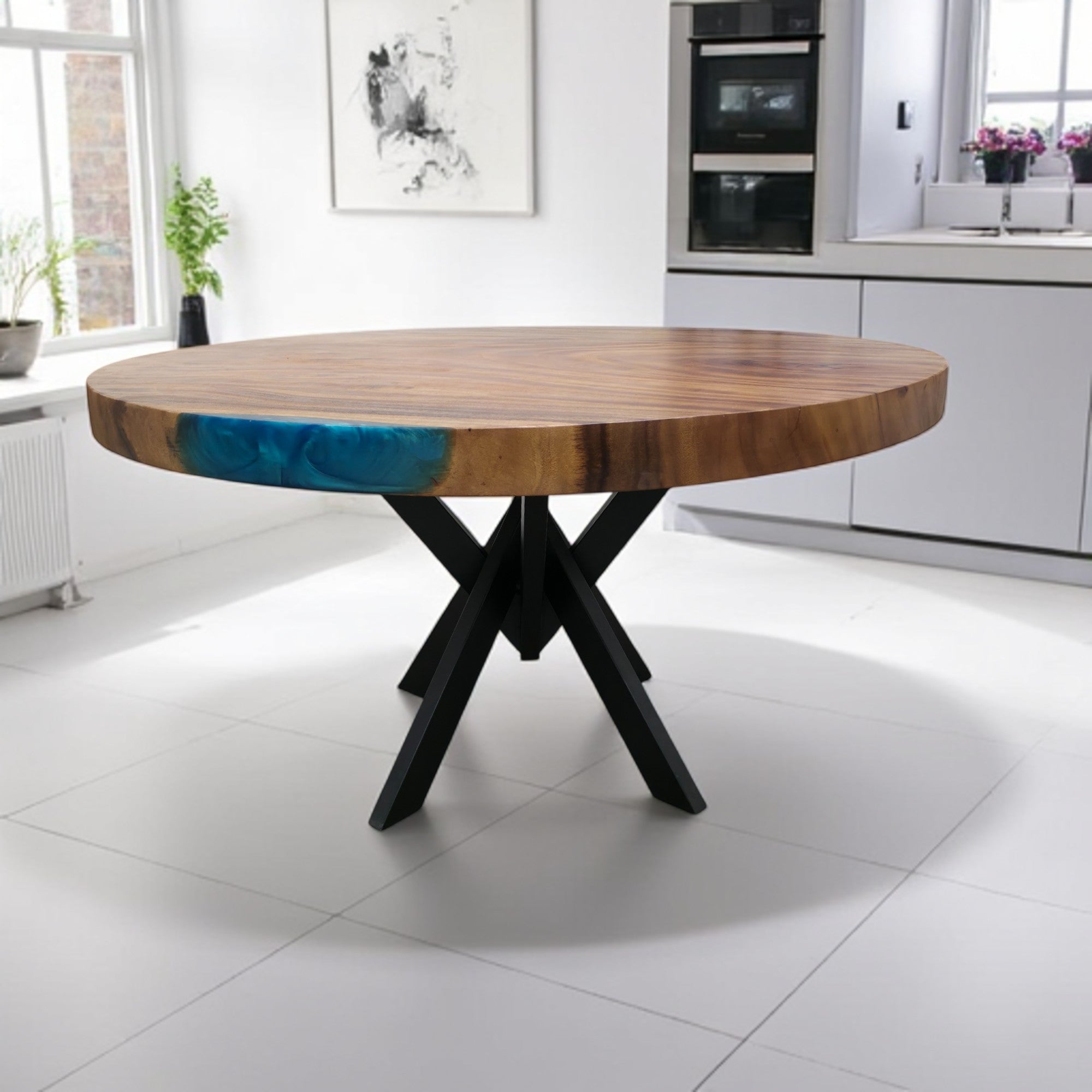 136cm Round Blue Resin Live Edge East Indian Walnut Dining Table